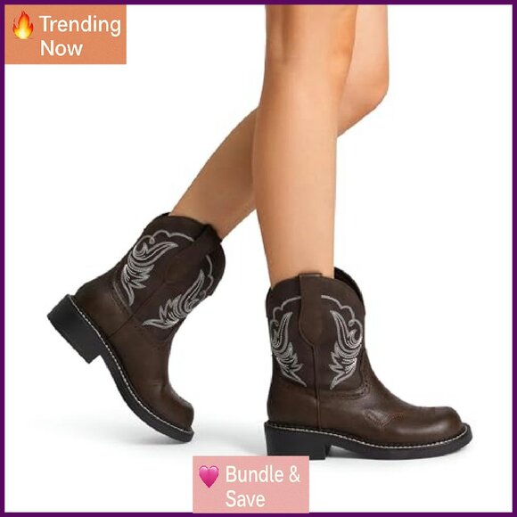 Women's Western Boots Mid Calf Round Toe Slip On Arch Support - Picture 3 of 8